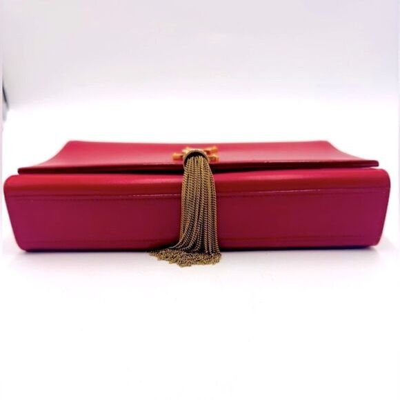 Auth Saint Laurent Red Leather Pompom Kate Clutch Pouchette Tassel Preloved Ex++ - Picture 8 of 16
